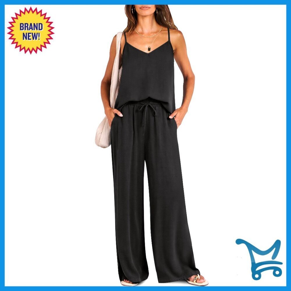 Two Piece Lounge Set Loose Fit Wide Leg Pants V Neck Tank Travel Chic